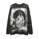Priest Salvation Print Knitted Sweaters with Destroyed Holes
